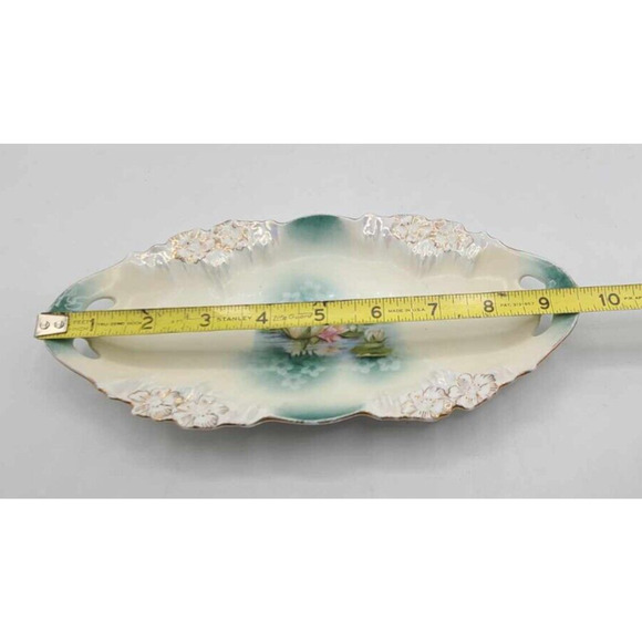 Antique 1890s RS Prussia Gold Trimmed Reflecting Water Lilies 9.5" Celery Dish - Picture 9 of 10